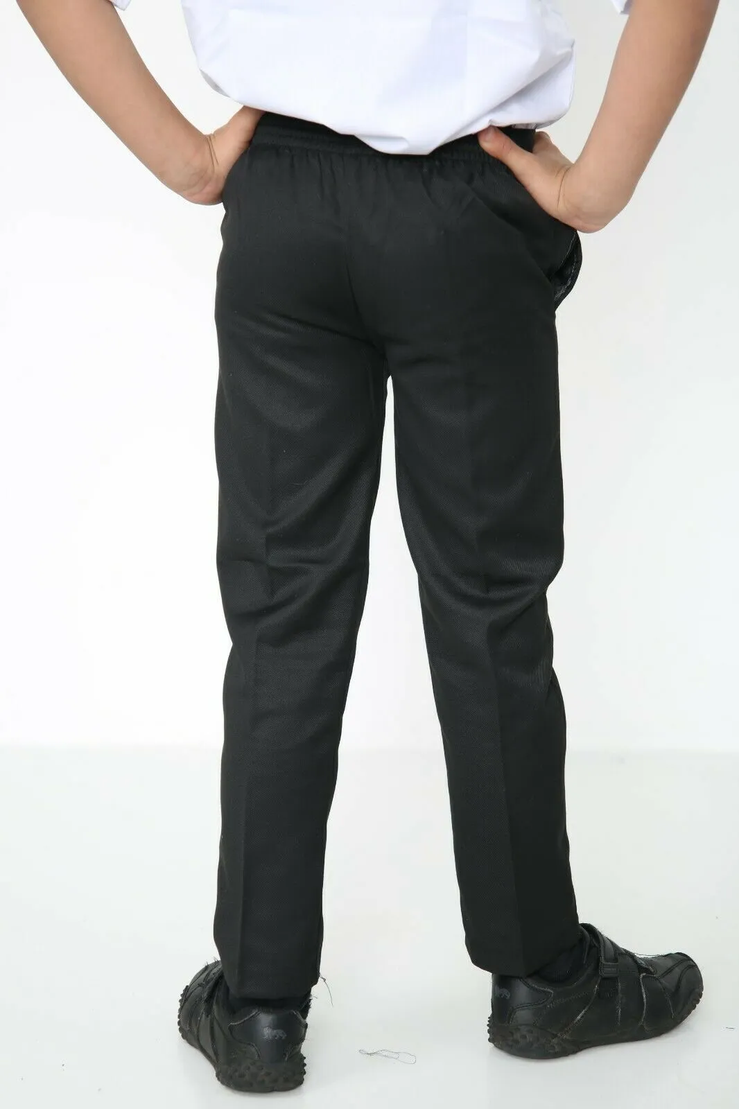 Age 2-10 Boys Pull Up Elasticated Back School Trousers Easy Wear -Black