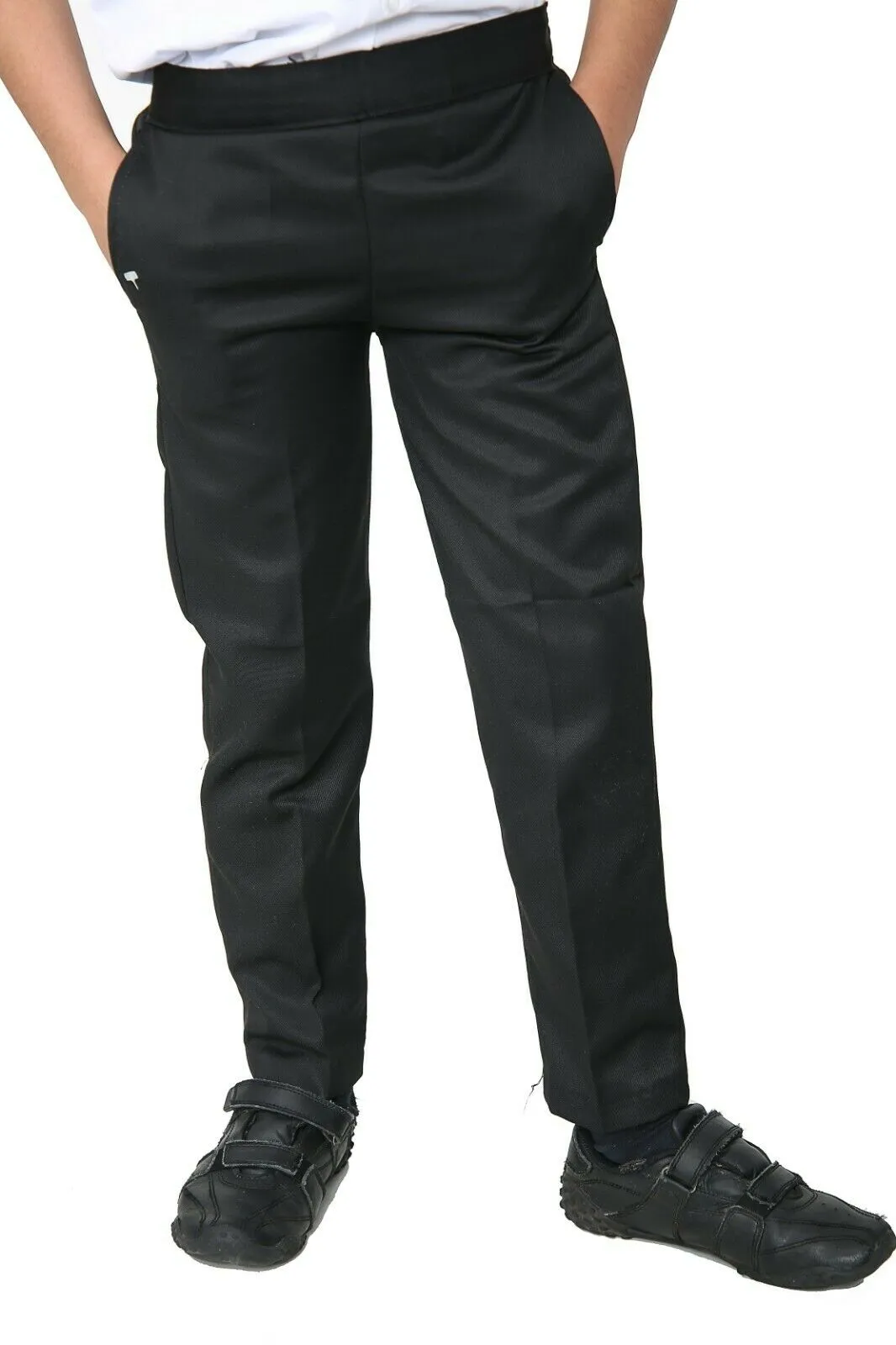 Age 2-10 Boys Pull Up Elasticated Back School Trousers Easy Wear -Black