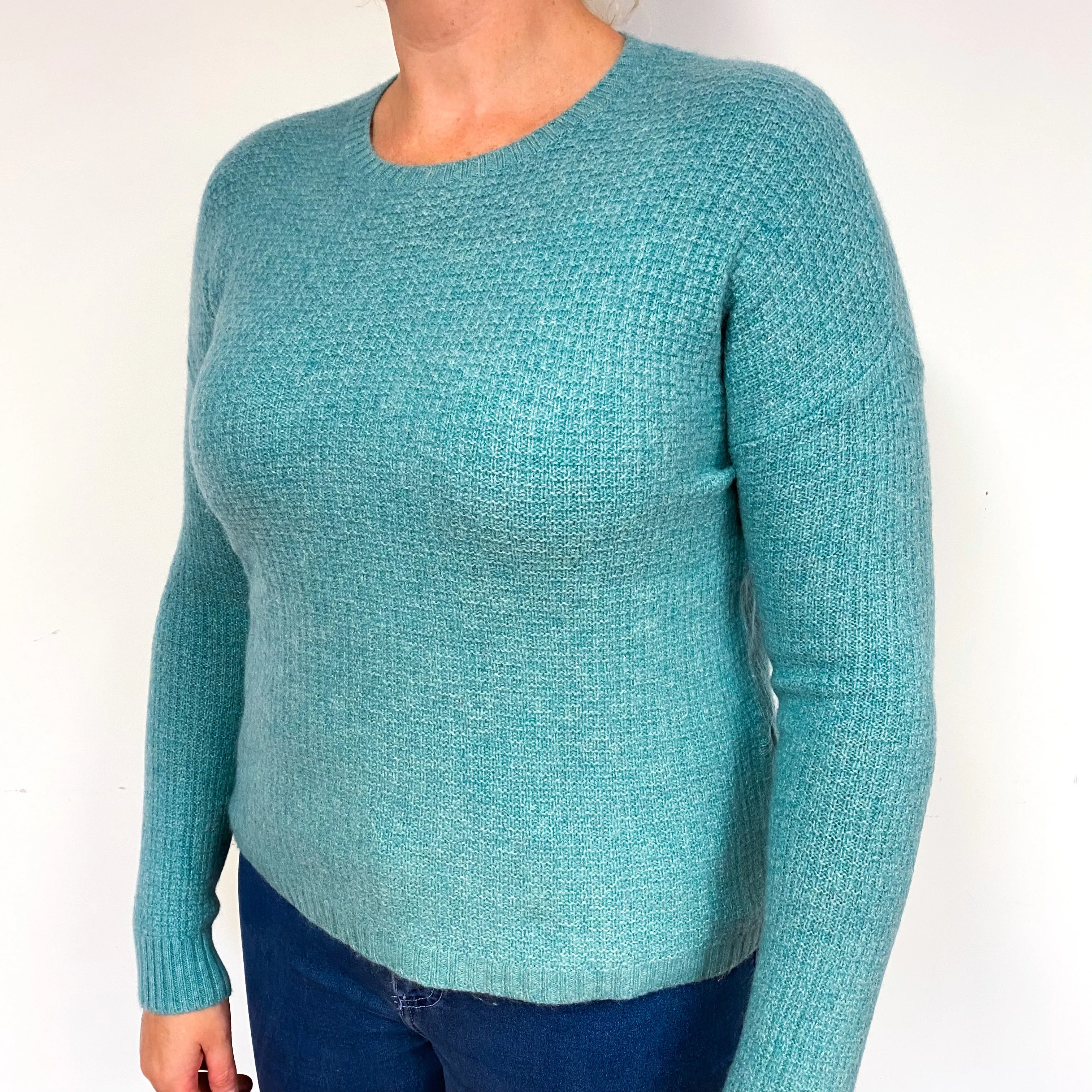 Aqua Green Waffle Cashmere Crew Neck Jumper Large