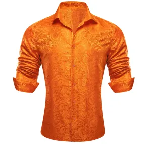 Barry Wang Dark Orange Dress Shirt Paisley Men's Silk Button Up Shirt