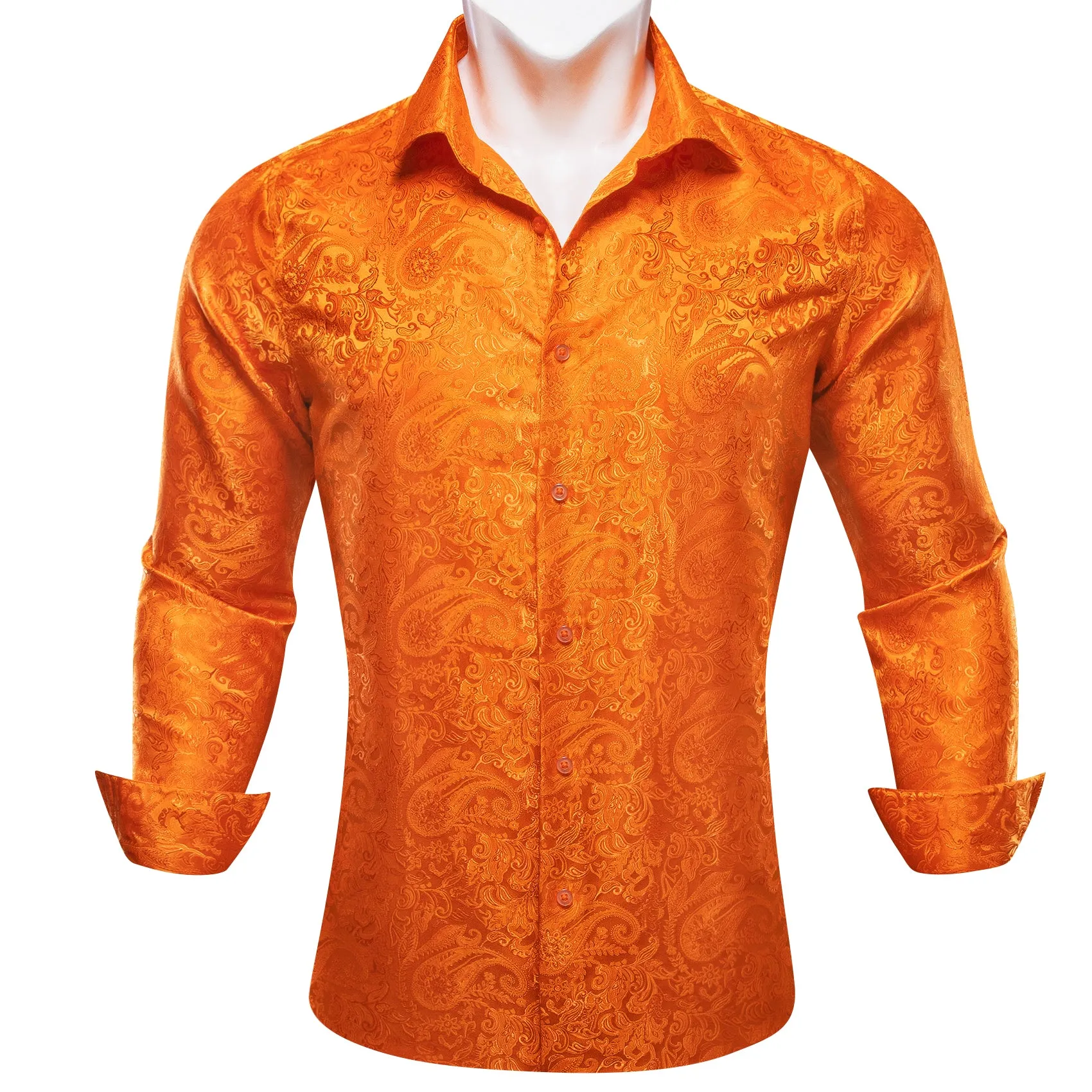 Barry Wang Dark Orange Dress Shirt Paisley Men's Silk Button Up Shirt