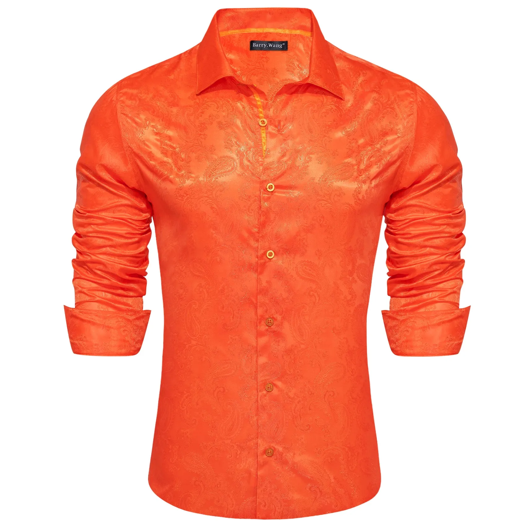 Barry Wang Orange Paisley Silk Men's Shirt Casual Work shirts for Guys