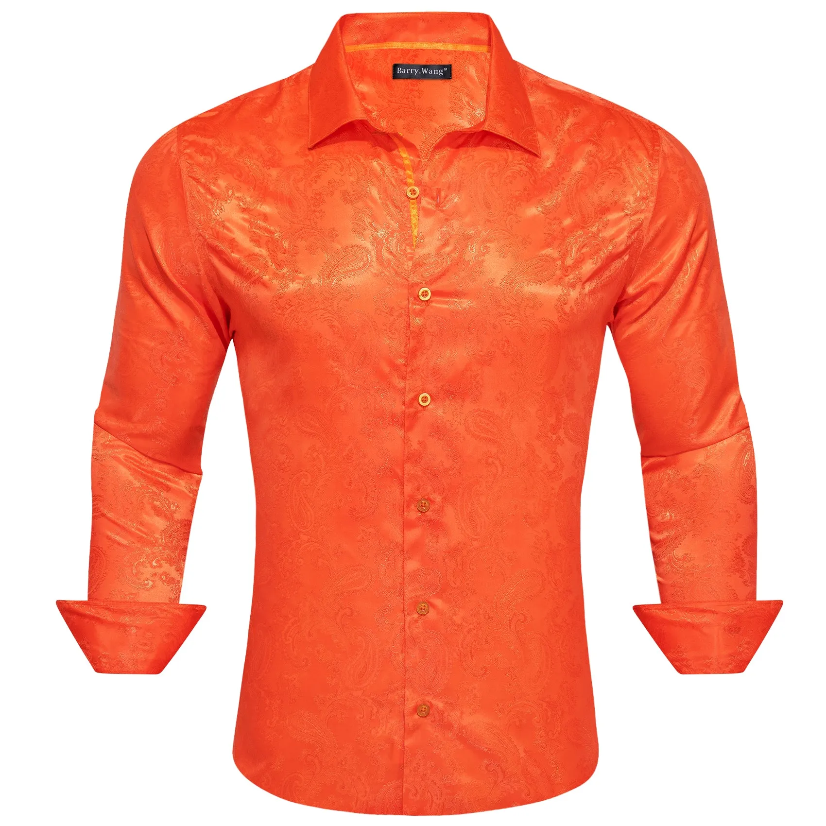 Barry Wang Orange Paisley Silk Men's Shirt Casual Work shirts for Guys