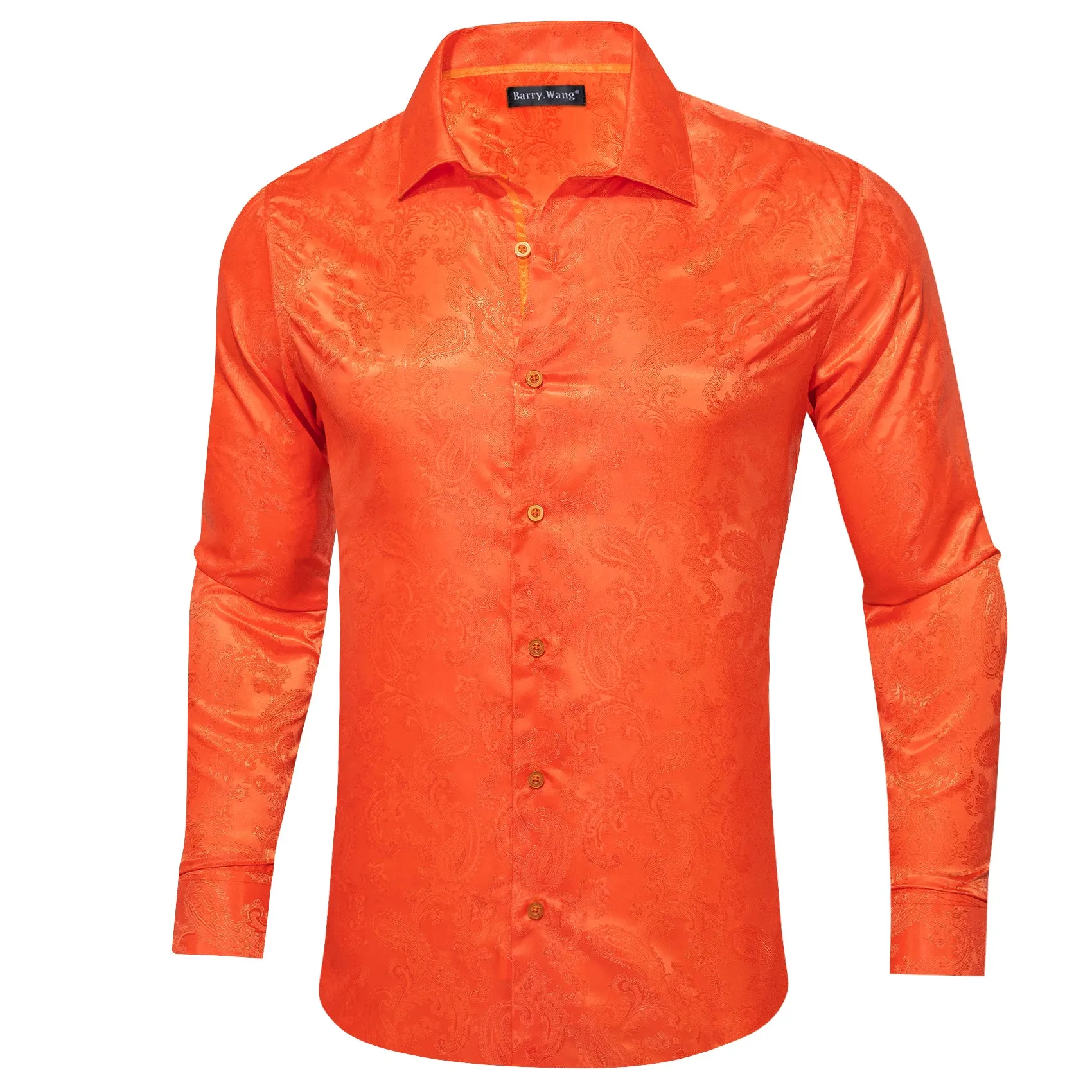 Barry Wang Orange Paisley Silk Men's Shirt Casual Work shirts for Guys
