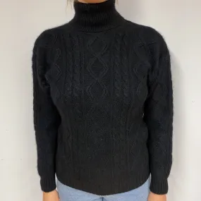 Black Chunky Cable Cashmere Polo Neck Jumper Small