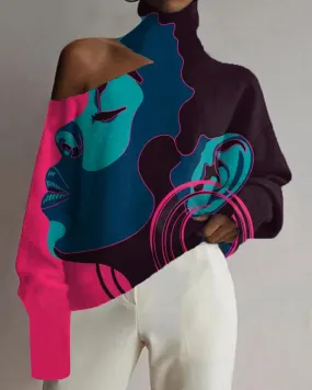 Black Girl Head with Matching Oil Painting Print Shoulder High Neck Top