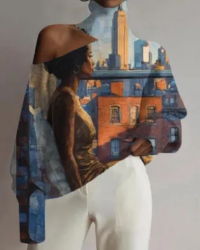 Black Girl Oil Print Cut-out Shoulder High Neck Top