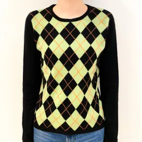 Black Lime Green Argyle Cashmere Crew Neck Jumper Extra Small