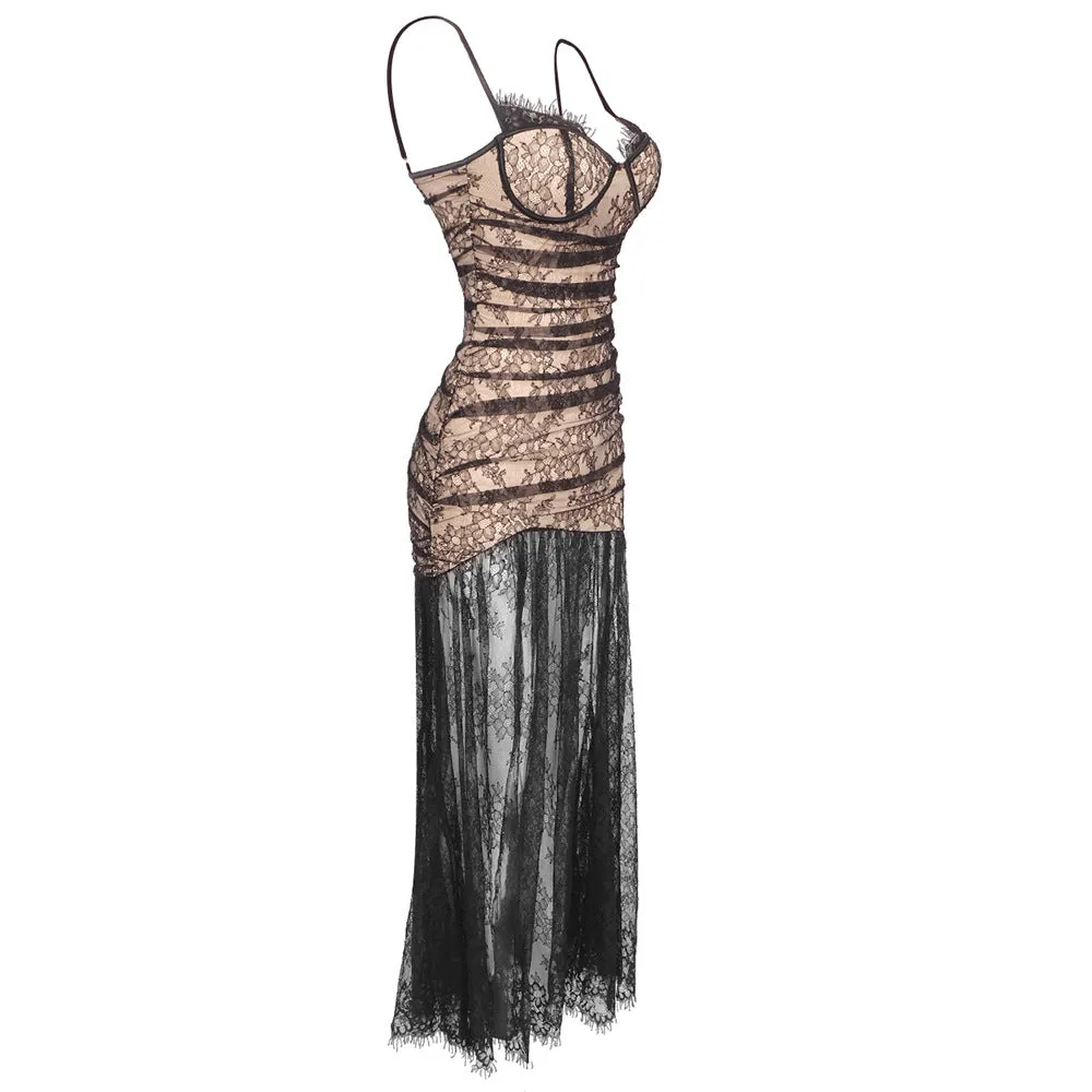 Black Pleated Floral Lace Split Evening Dress
