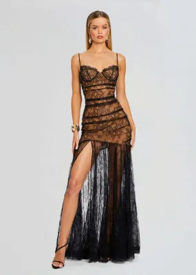 Black Pleated Floral Lace Split Evening Dress