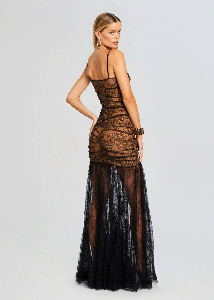 Black Pleated Floral Lace Split Evening Dress