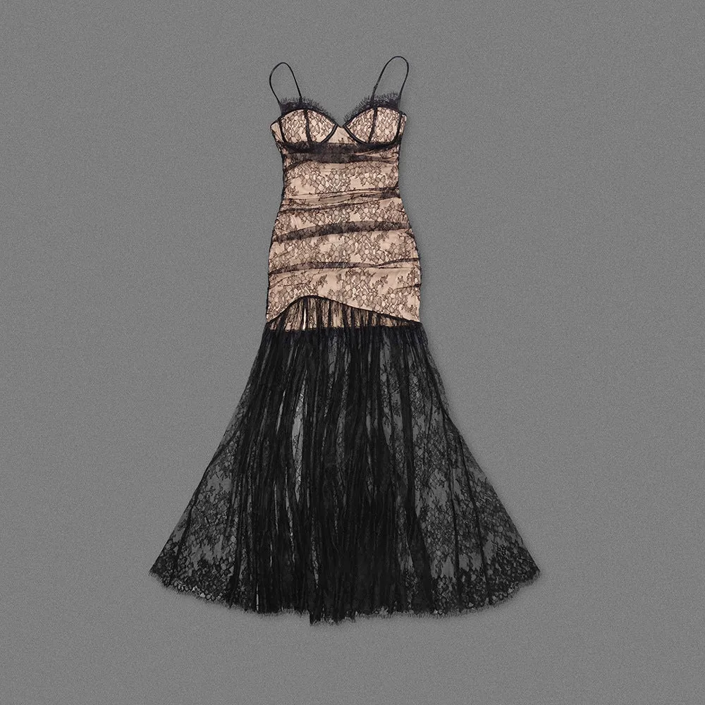 Black Pleated Floral Lace Split Evening Dress