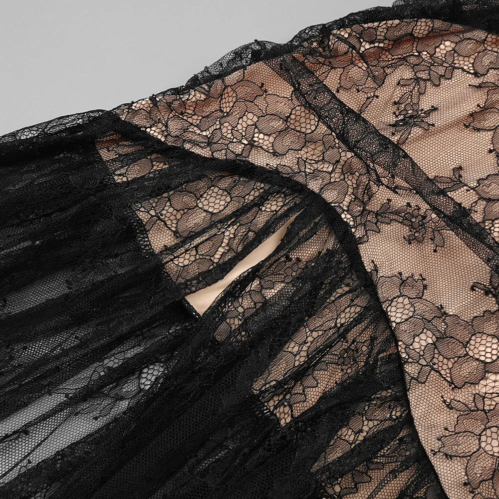 Black Pleated Floral Lace Split Evening Dress