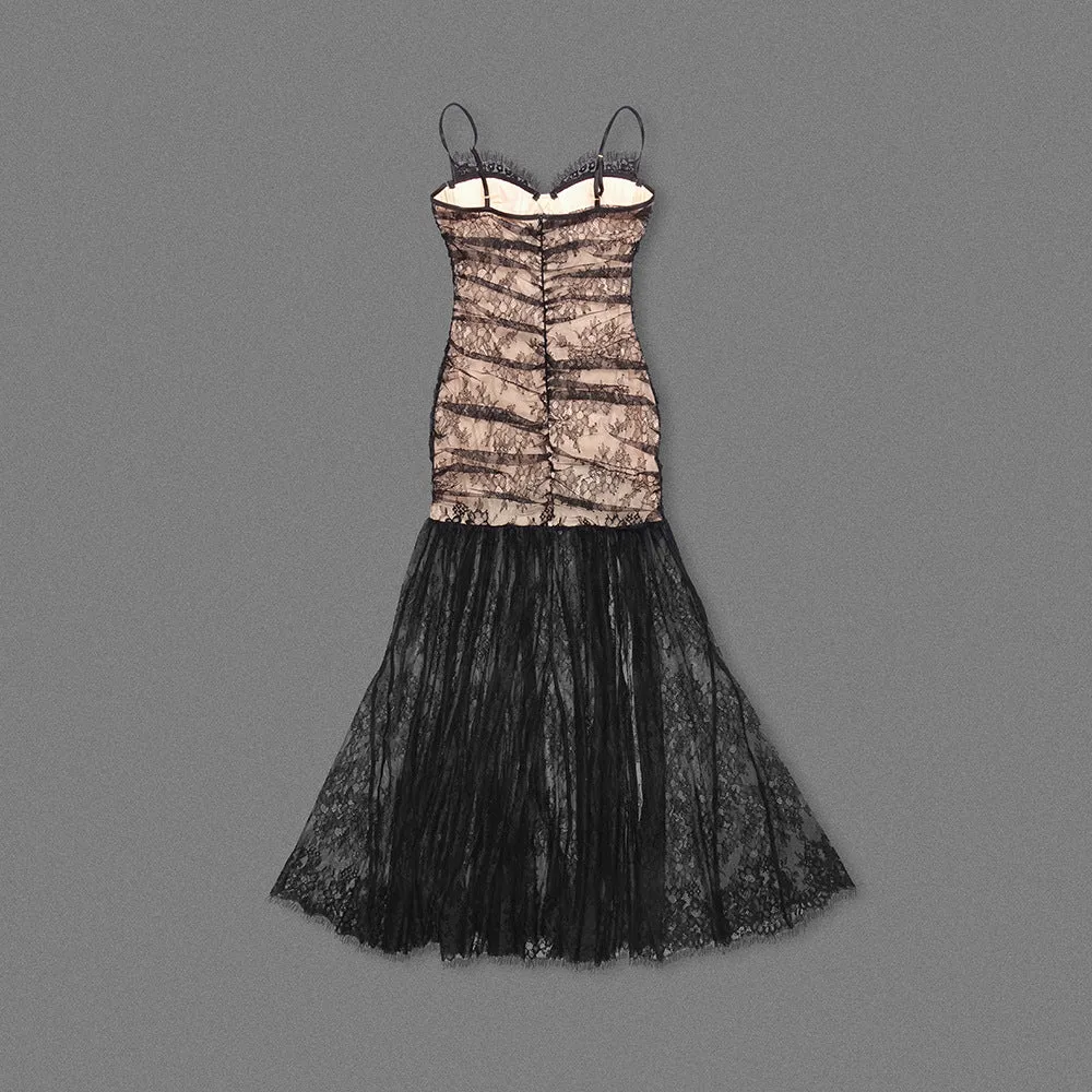 Black Pleated Floral Lace Split Evening Dress