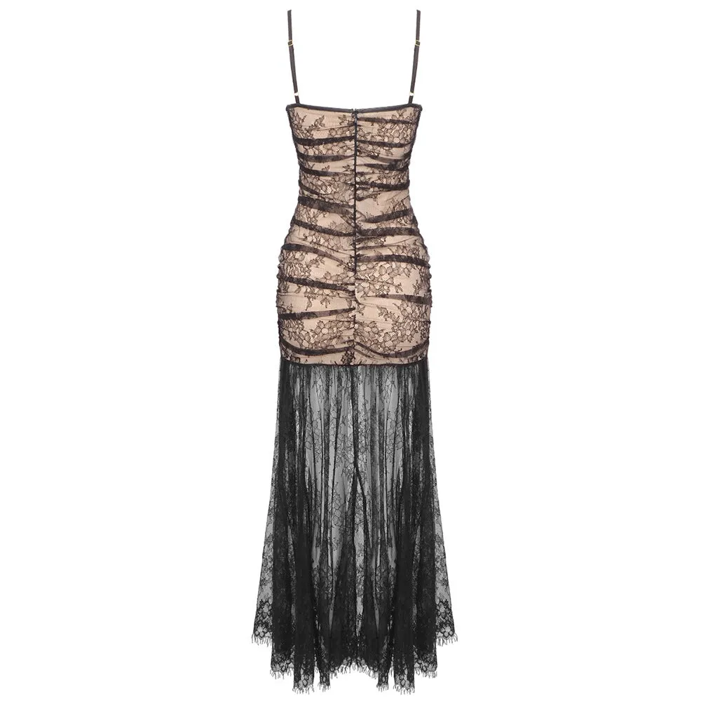 Black Pleated Floral Lace Split Evening Dress