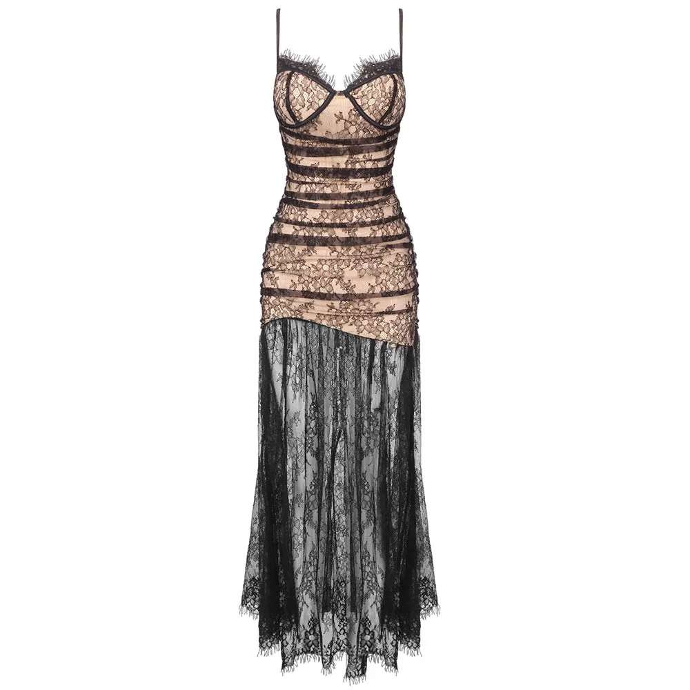 Black Pleated Floral Lace Split Evening Dress