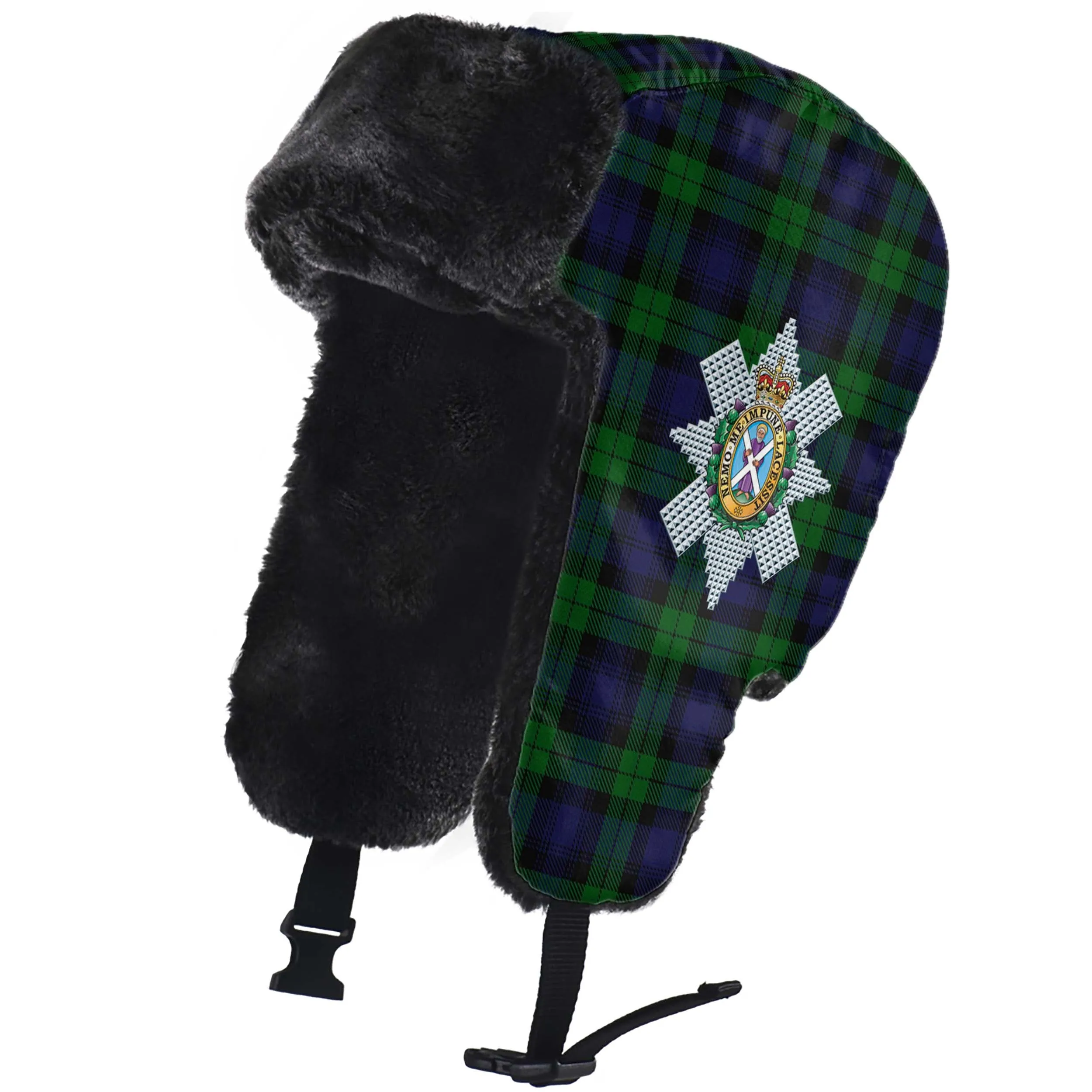Black Watch Tartan Winter Trapper Hat with Family Crest