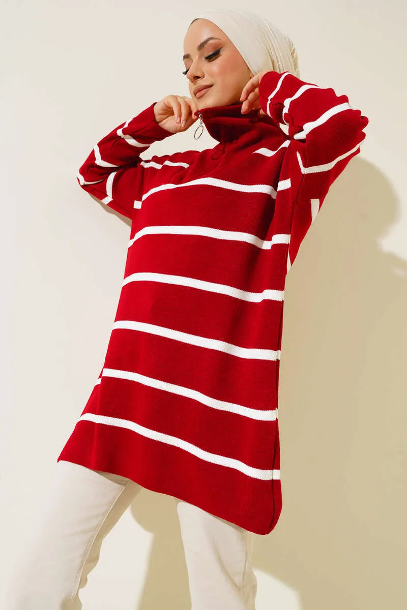 BNG Women Neck Zippered Striped Knit Tunic Red - Clermont