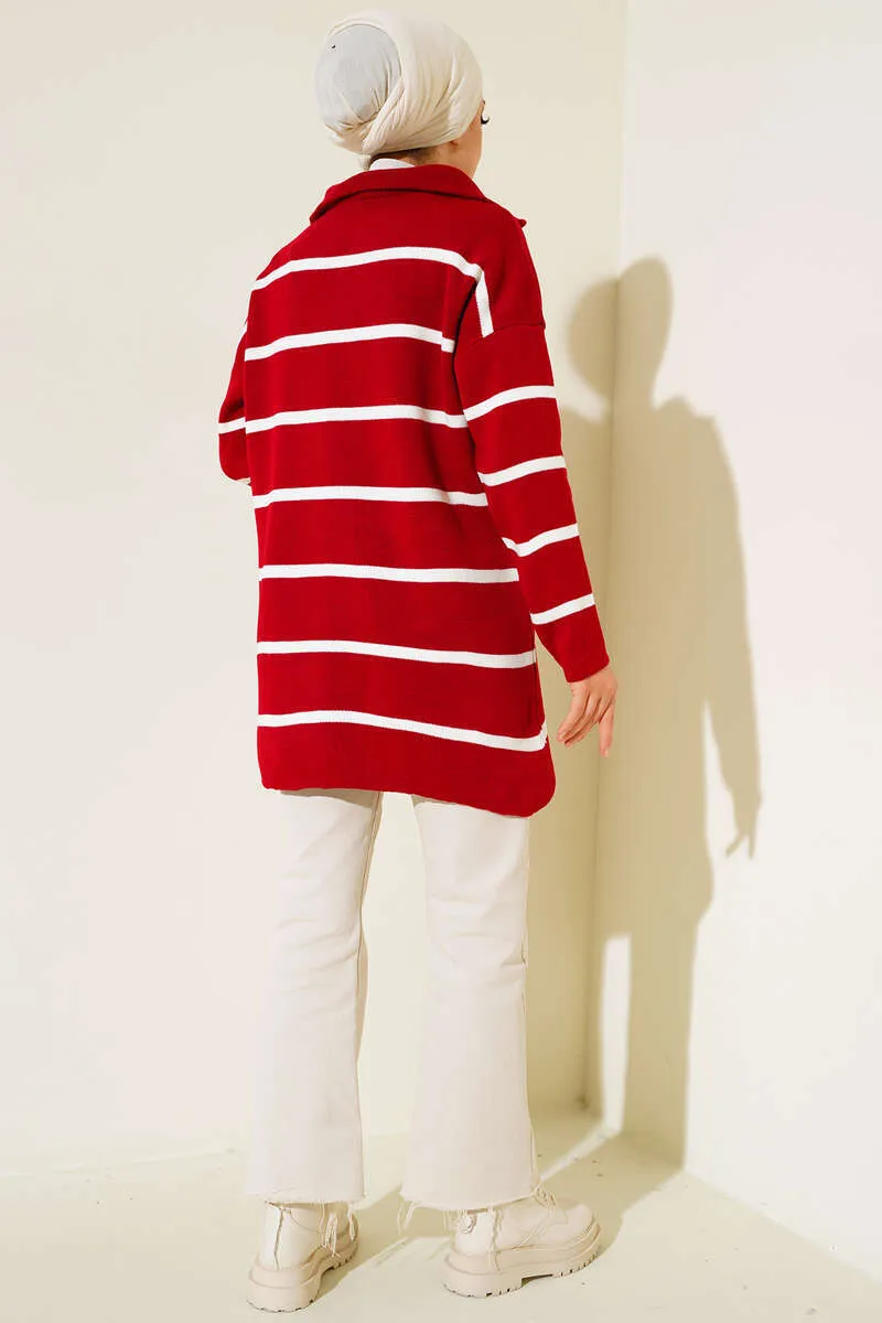 BNG Women Neck Zippered Striped Knit Tunic Red - Clermont