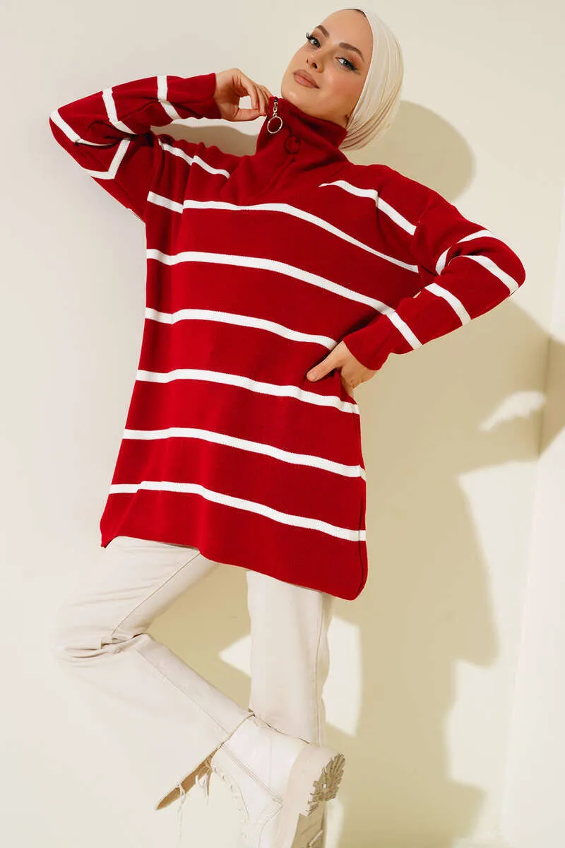 BNG Women Neck Zippered Striped Knit Tunic Red - Clermont