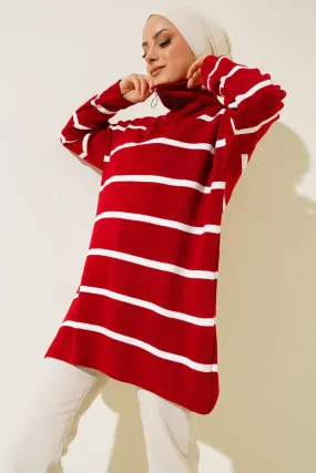 BNG Women Neck Zippered Striped Knit Tunic Red - Clermont