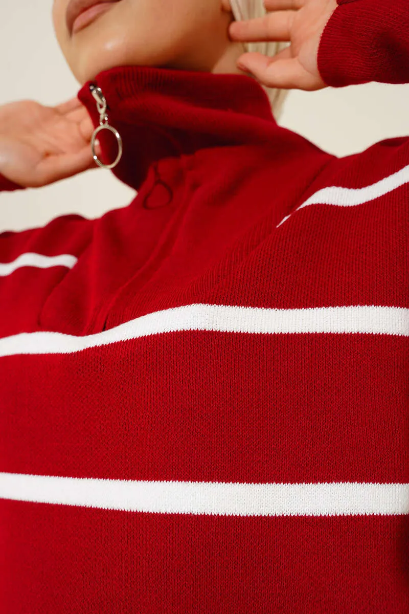 BNG Women Neck Zippered Striped Knit Tunic Red - Clermont