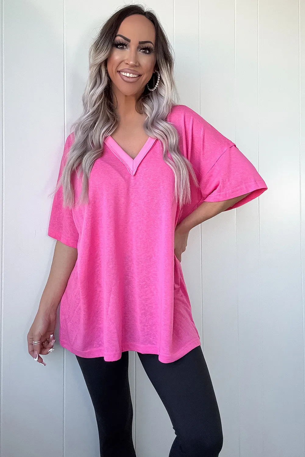 Bright Pink Patched V Neck Loose Fit Tunic T Shirt