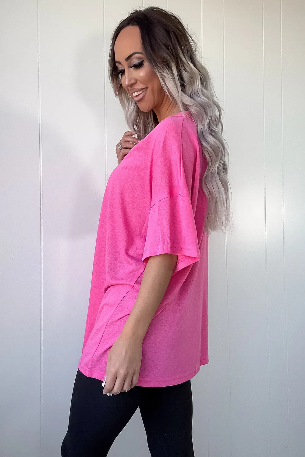 Bright Pink Patched V Neck Loose Fit Tunic T Shirt