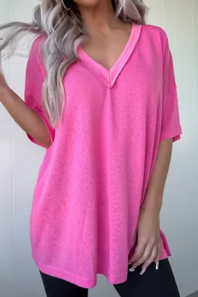 Bright Pink Patched V Neck Loose Fit Tunic T Shirt