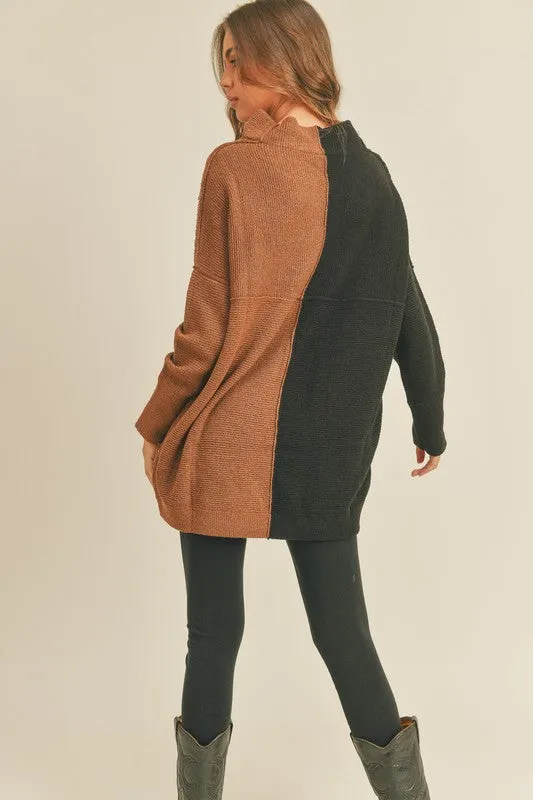Brown/Black Colorblock Tunic Neck Sweater