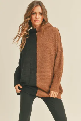 Brown/Black Colorblock Tunic Neck Sweater