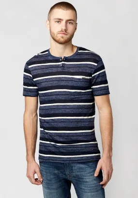 Buffalo David Bitton Mens Striped Linen Henley Short Sleeve T Shirt Whale Medium