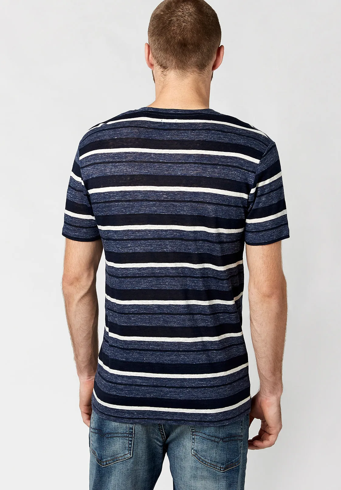 Buffalo David Bitton Mens Striped Linen Henley Short Sleeve T Shirt Whale Medium