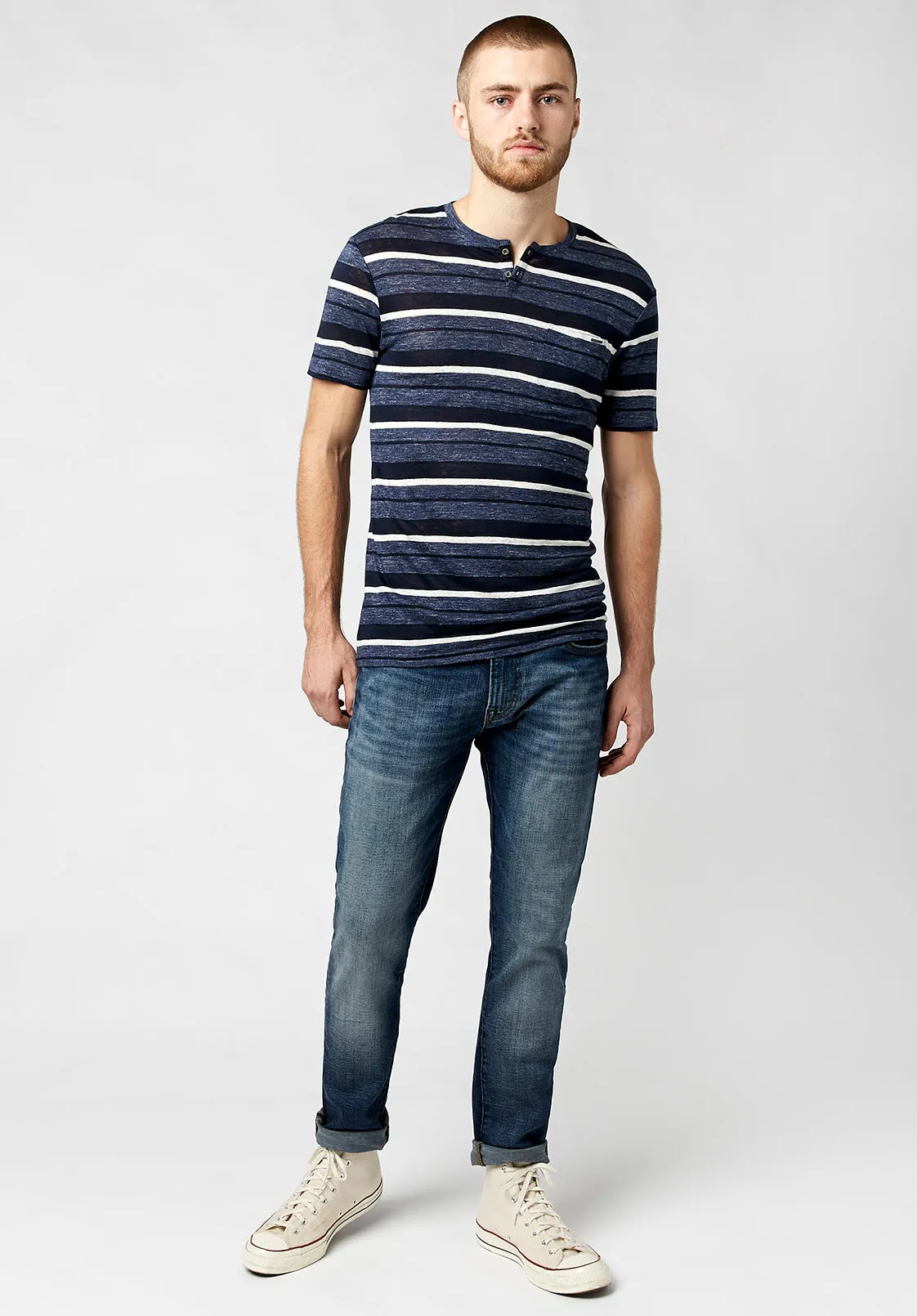 Buffalo David Bitton Mens Striped Linen Henley Short Sleeve T Shirt Whale Medium