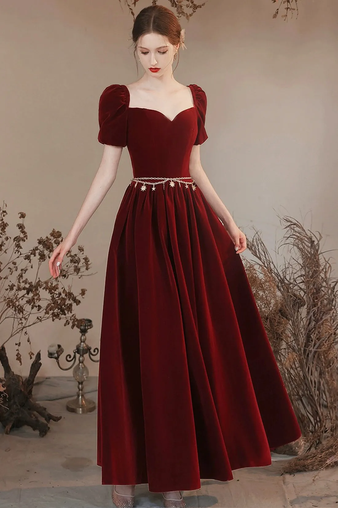 Burgundy Velvet Floor Length Prom Dress, Lovely A-Line Evening Party Dress