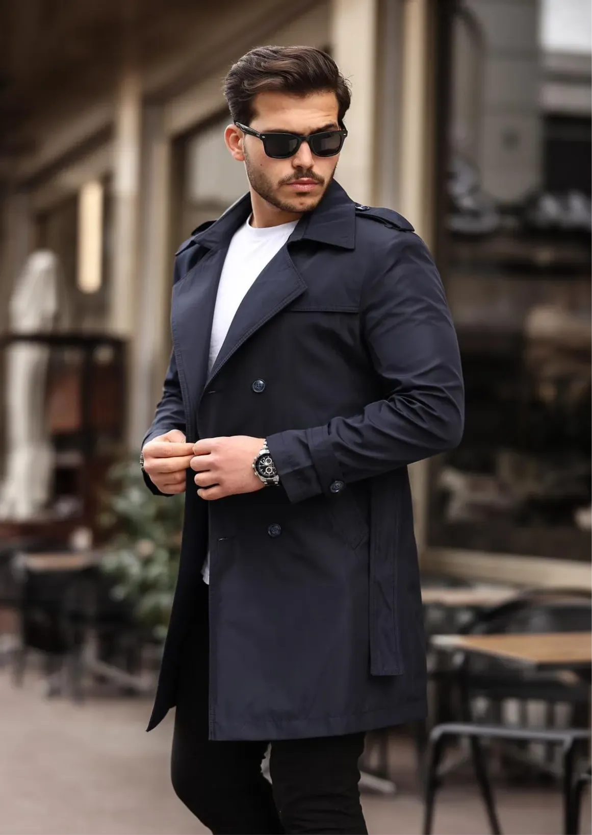 [Chicago] Navy Double Breasted Water Repellent Trench Coat