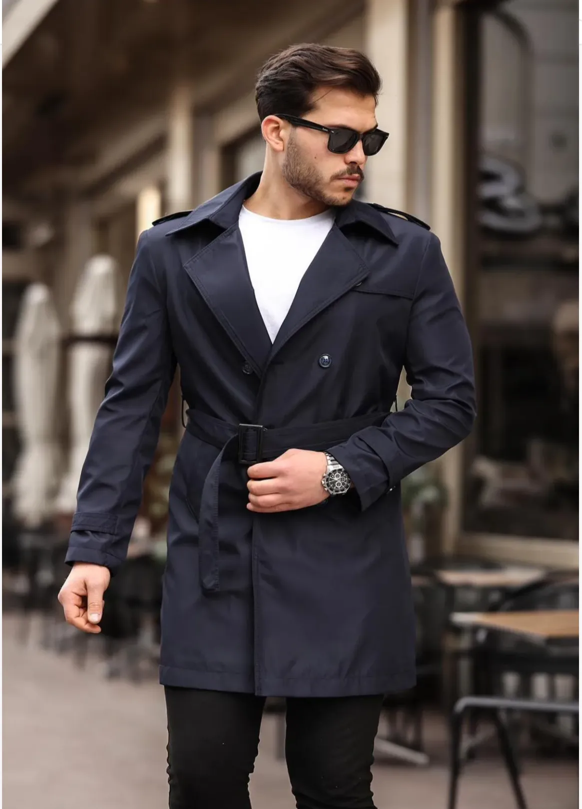 [Chicago] Navy Double Breasted Water Repellent Trench Coat
