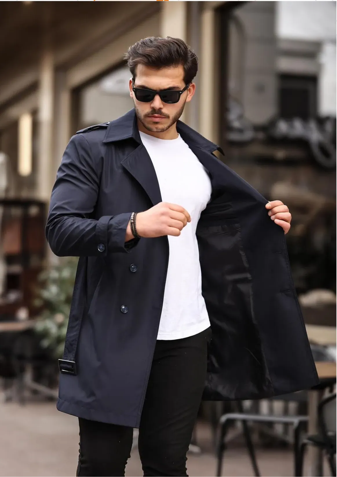 [Chicago] Navy Double Breasted Water Repellent Trench Coat
