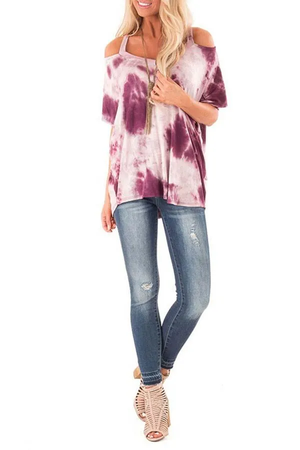 Cold Shoulder Half Sleeve Tie Dye T-Shirt