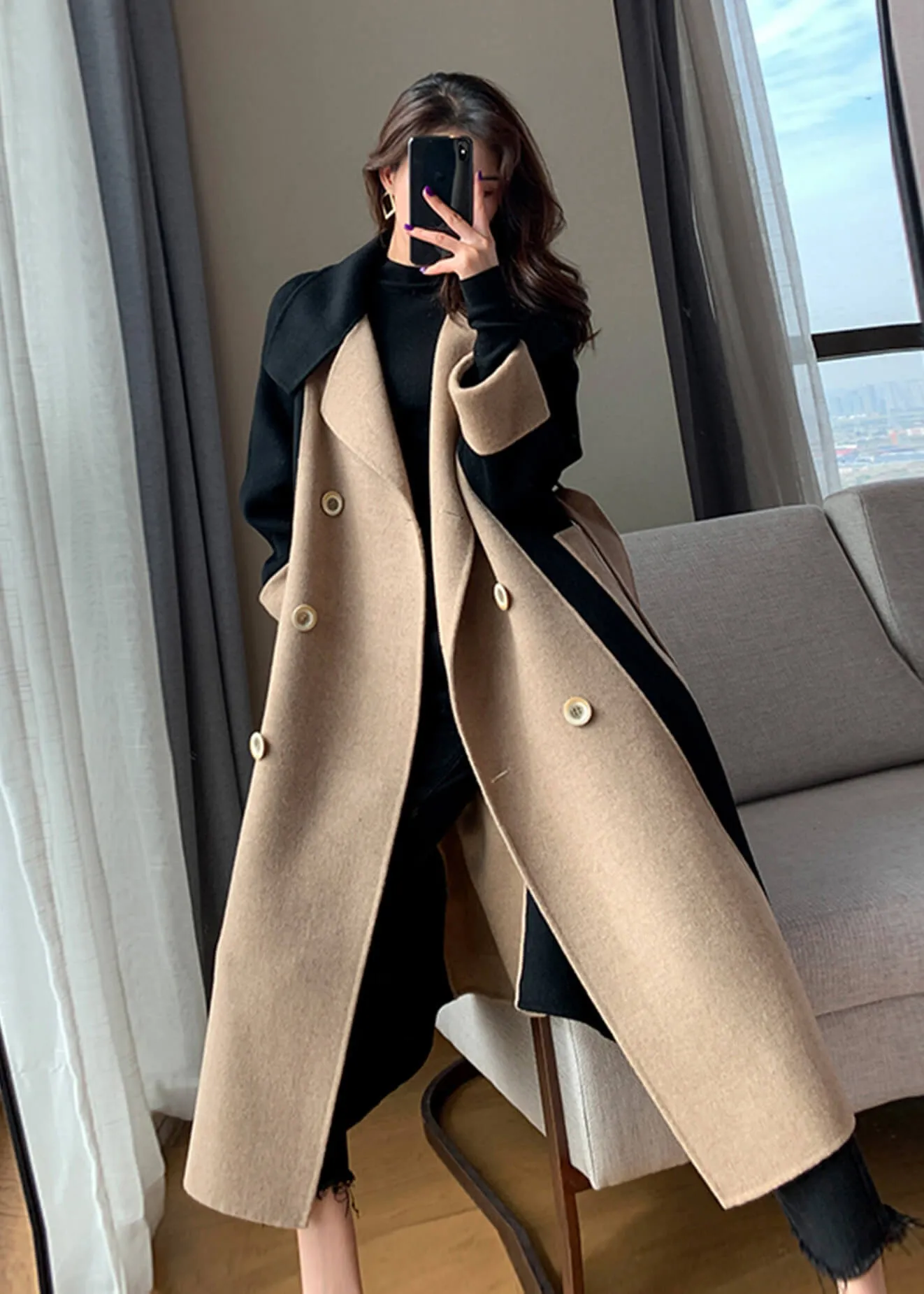 Color Block Double Face Long Wool Coat