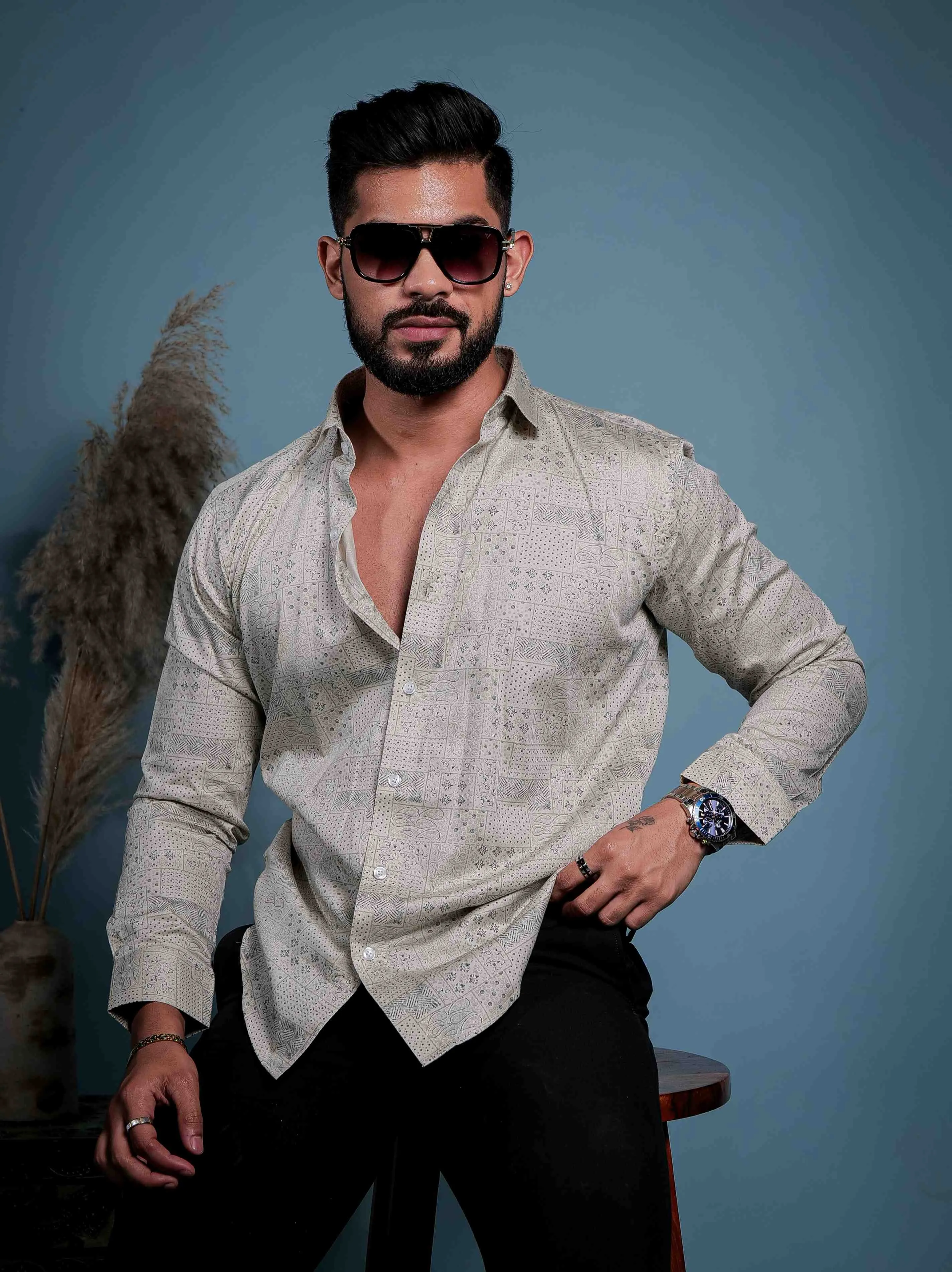 Cream Satin Cotton Print Premium Shirt