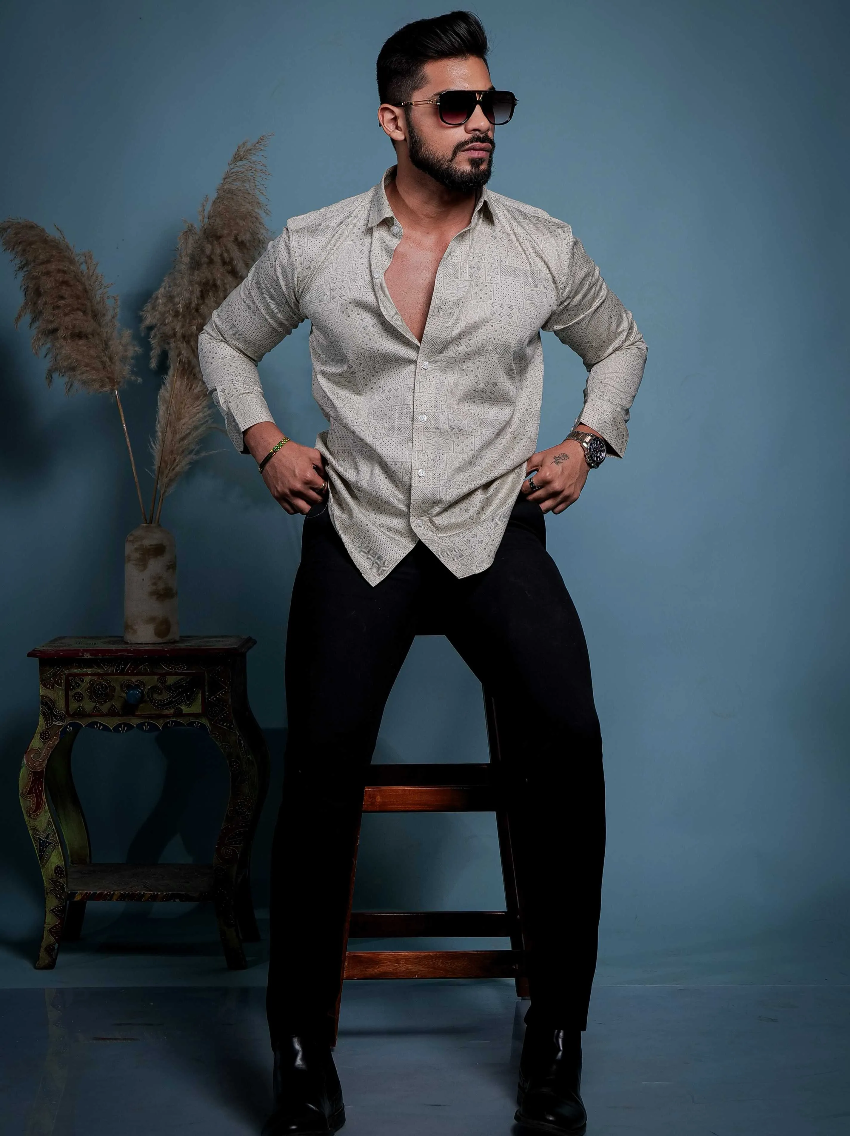 Cream Satin Cotton Print Premium Shirt