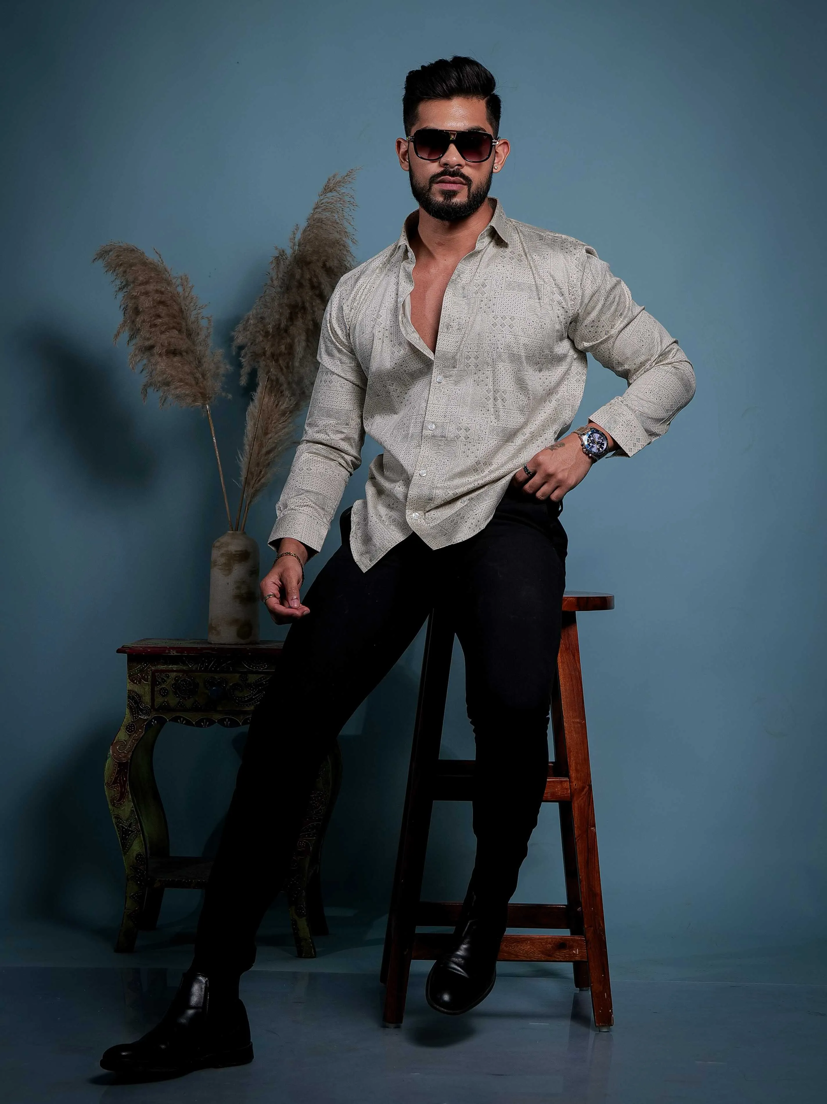 Cream Satin Cotton Print Premium Shirt
