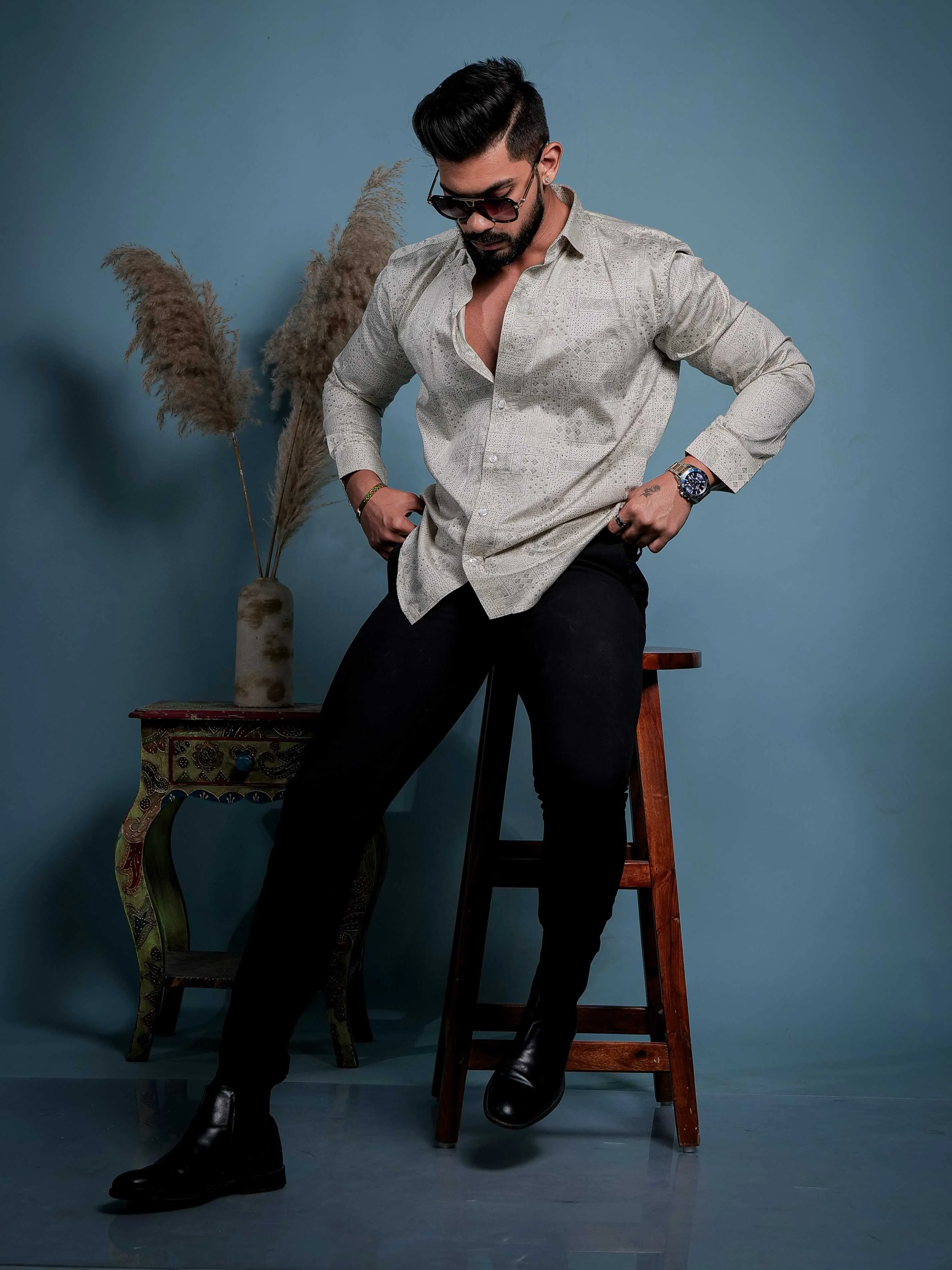 Cream Satin Cotton Print Premium Shirt