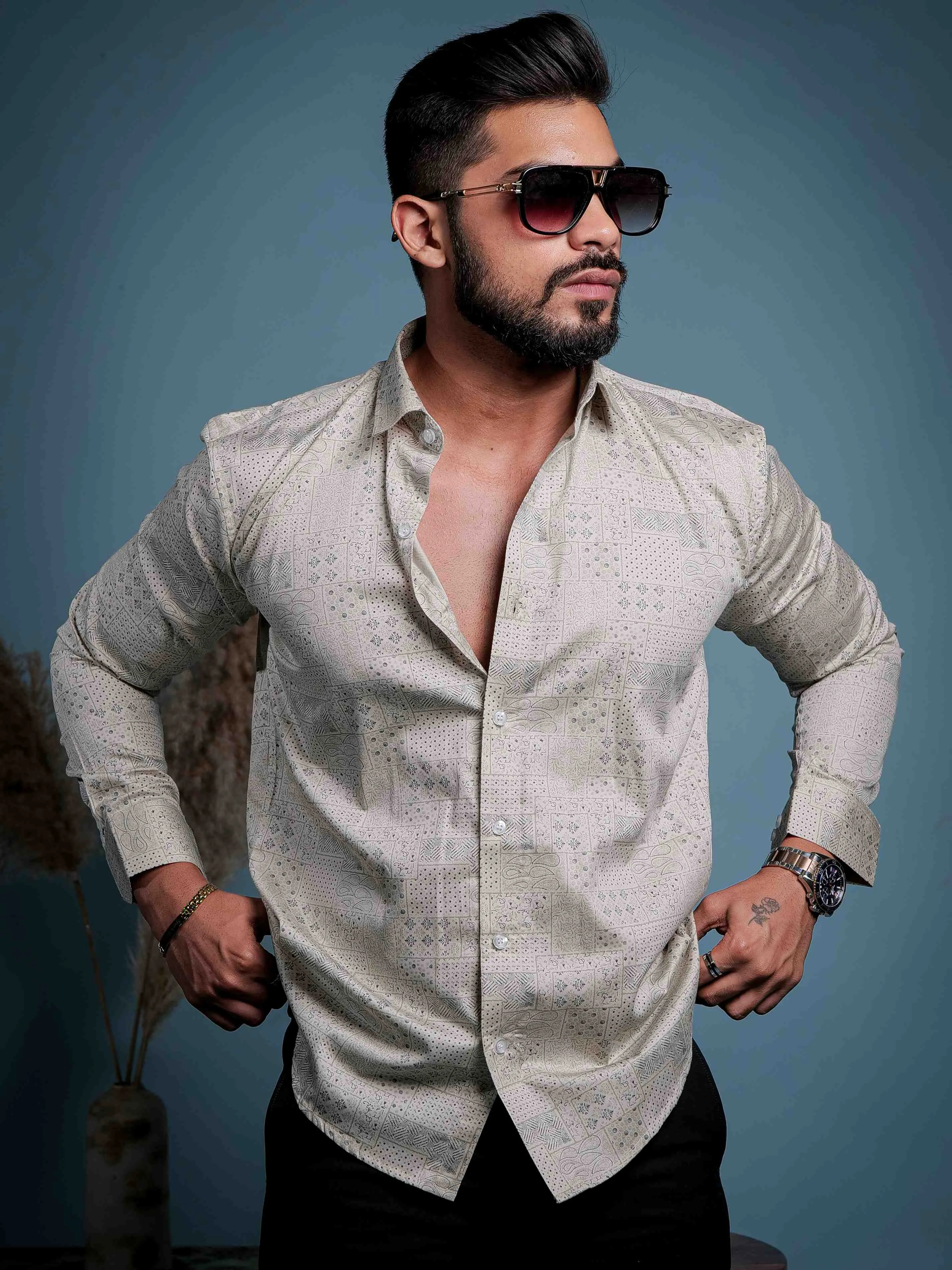 Cream Satin Cotton Print Premium Shirt