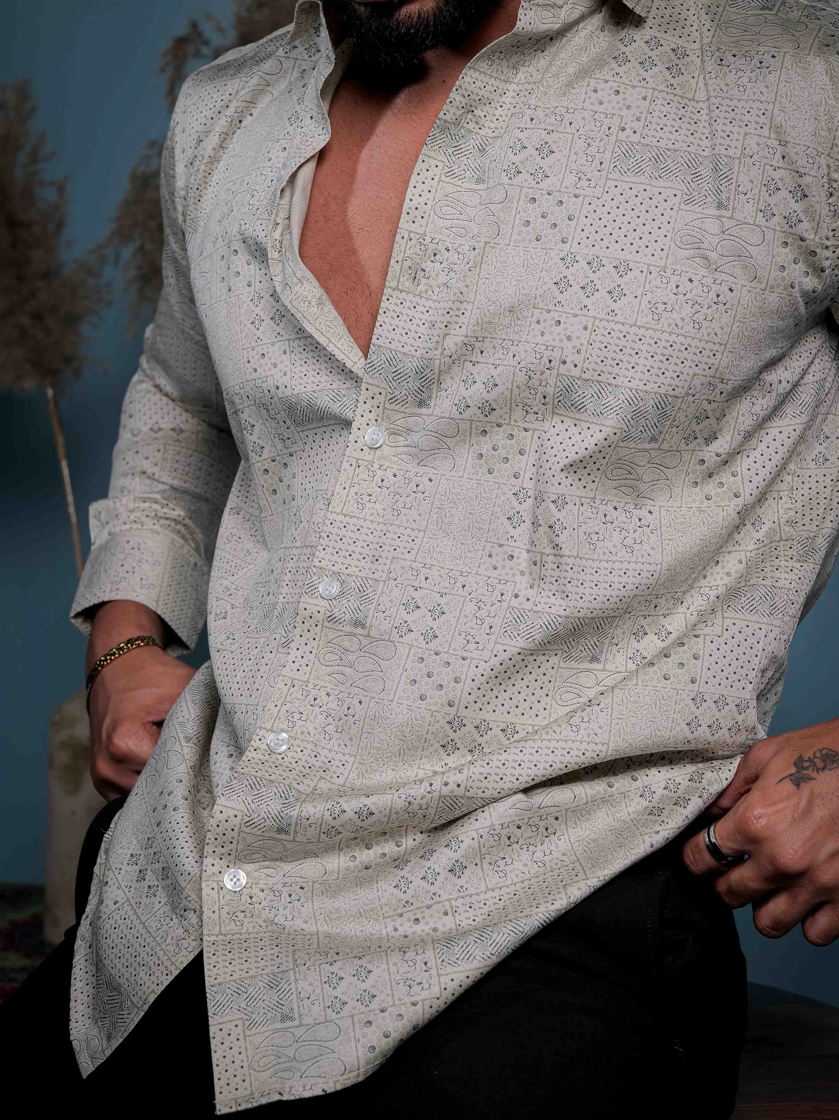 Cream Satin Cotton Print Premium Shirt