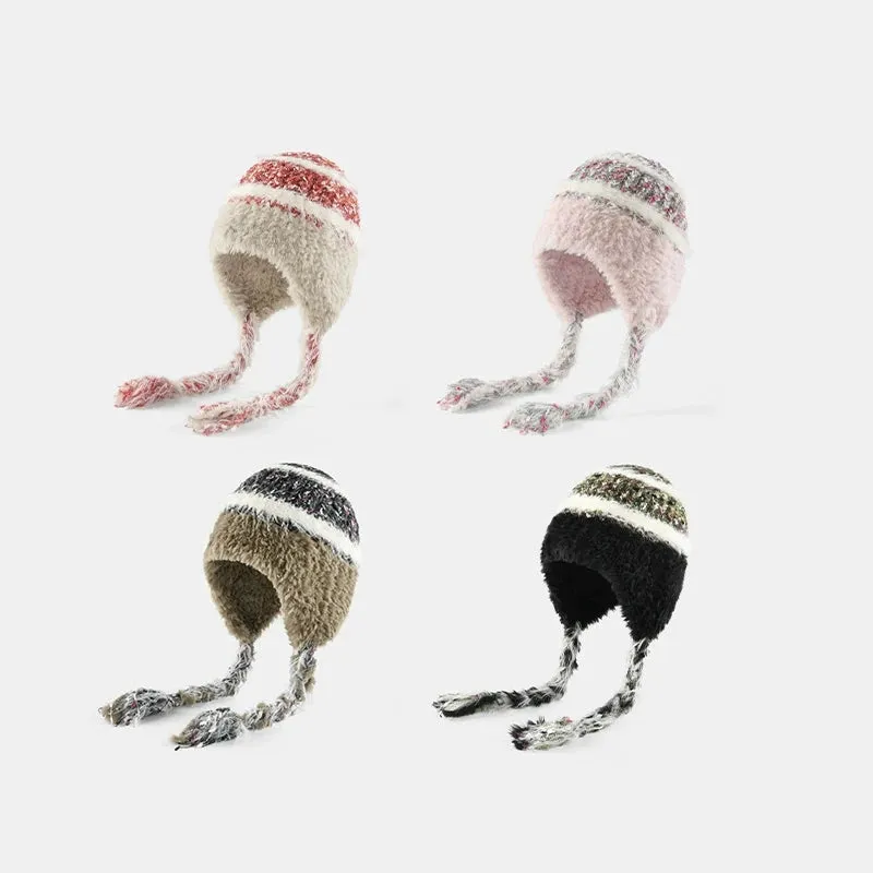 Ethnic Style Striped Knitted Hat for Women - Thickened Woolen Ear Protection