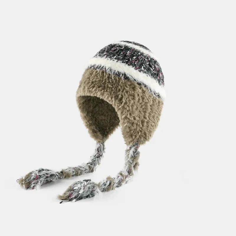 Ethnic Style Striped Knitted Hat for Women - Thickened Woolen Ear Protection