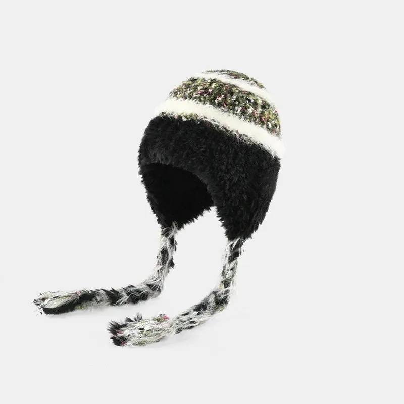 Ethnic Style Striped Knitted Hat for Women - Thickened Woolen Ear Protection