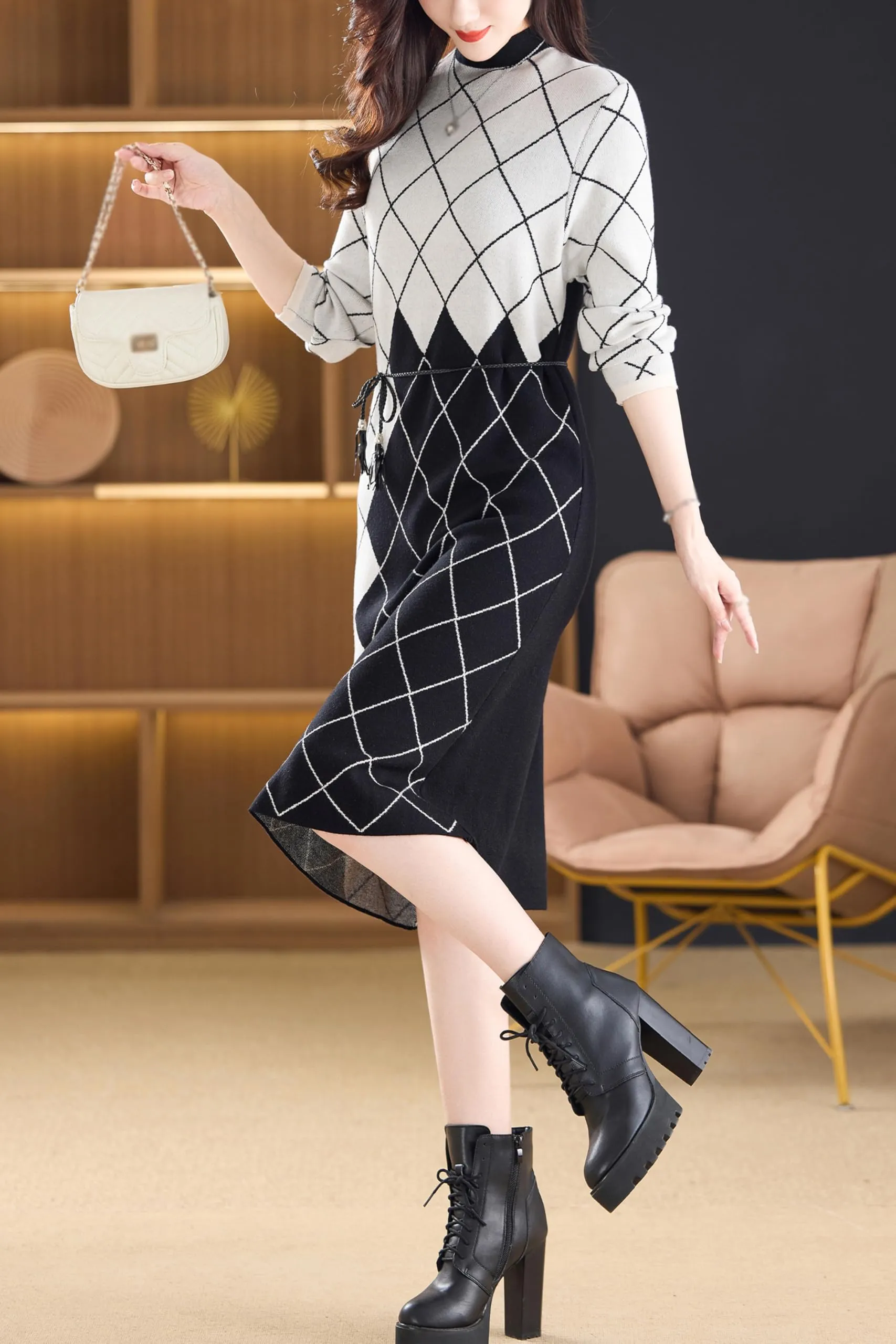Fall Knitted Stretch Pullover Elegant Midi Dress